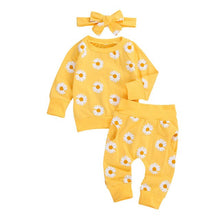 Load image into Gallery viewer, Daisy Print Long Sleeve Pullover + Pants + Headband 0-24 months