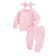 Load image into Gallery viewer, Daisy Print Long Sleeve Pullover + Pants + Headband 0-24 months