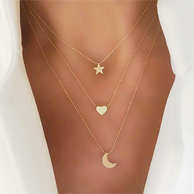 Gold Star Heart Moon Multilayer Stack Mama Necklace
