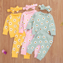 Load image into Gallery viewer, Daisy Print Long Sleeve Pullover + Pants + Headband 0-24 months
